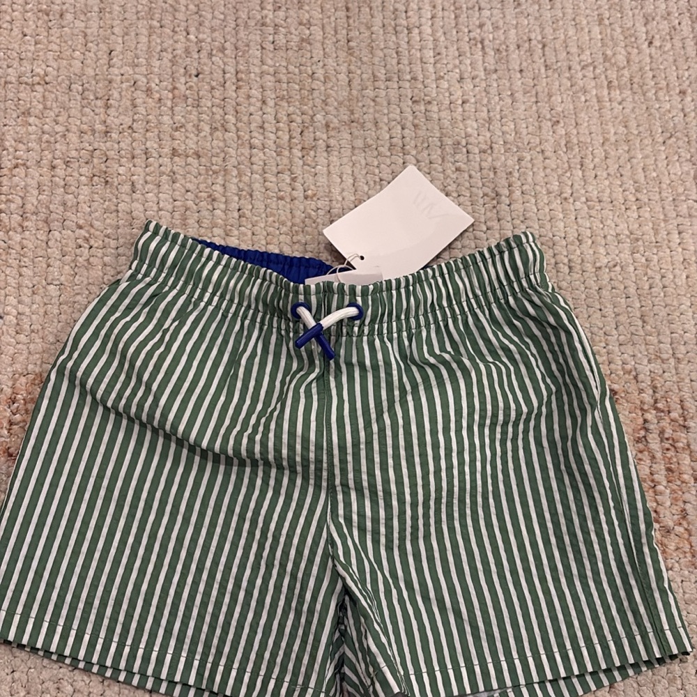 5T. Runs 4yrs. Zara Kids Green and White Striped Swim Trunks